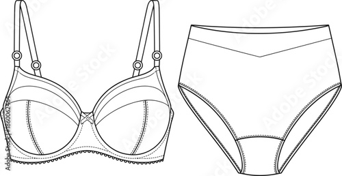 Women lingerie technical fashion sketch bra and high waist panties underwear set, cad drawing flat vector illustration apparel design blueprint