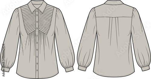 Women long sleeve pleated blouse technical fashion sketch front and back view with button placket, cad drawing flat vector illustration