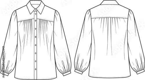 Women long sleeve gathered blouse technical fashion sketch front and back view with yoke detail, cad drawing flat vector illustration