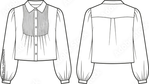 Women long sleeve pleated blouse technical flat CAD drawing front and back view fashion apparel vector illustration template