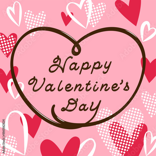 チョコレートのようなつやつやテクスチャーの文字が入ったハートがいっぱいのバレンタインカード　ベクターイラスト