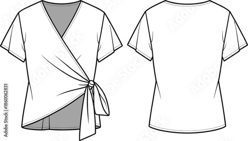 Women short sleeve wrap top technical flat CAD drawing front and back view fashion apparel vector illustration template