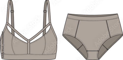 Women sports bra and brief set, technical fashion drawing, front view, activewear underwear design, cad drawing flat vector illustration