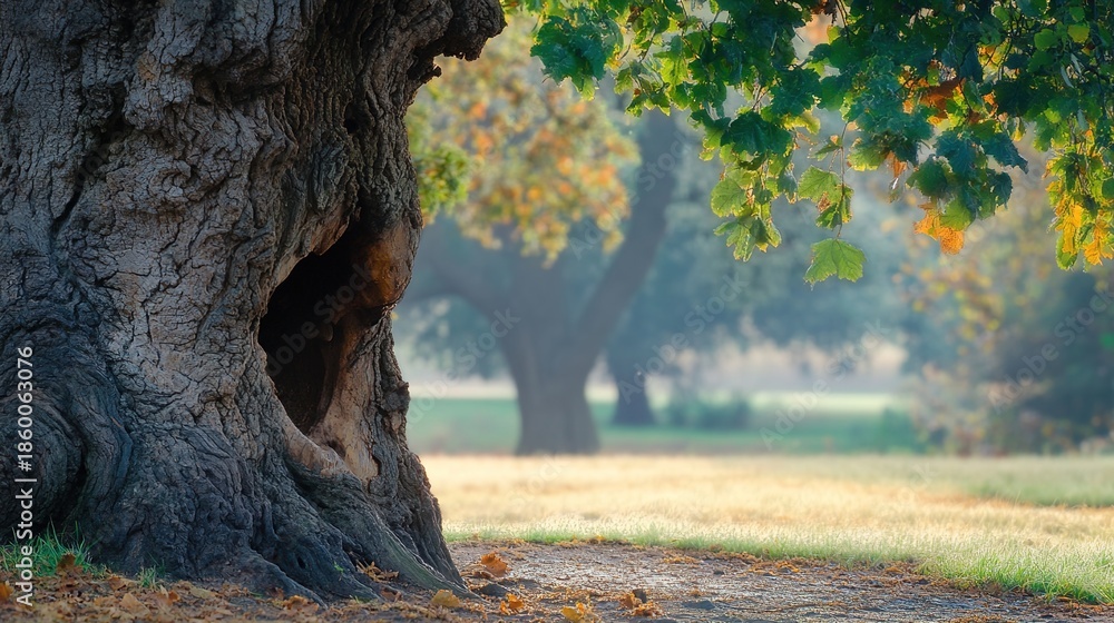 Fototapeta premium hollow. Ancient oak tree trunk hollow filled with morning dew, soft natural light and background. lifestyle magazines, social media lookbooks, designed for influencer and brand collaborations.