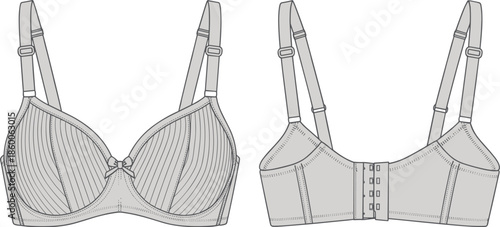 Women underwire bra technical drawing, lingerie fashion sketch, front back view, adjustable strap bra design, cad drawing flat vector illustration