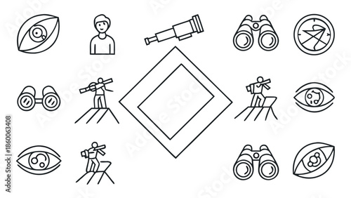 Vision, Observation, and Optical Exploration Line Icon Set