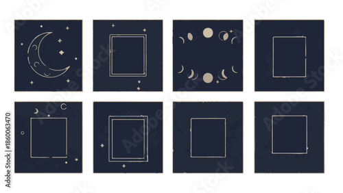 Set of Minimalist Celestial Vector Frames with Moon Phases and Stars for Social Media
