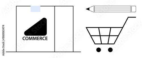 Online shopping, e-commerce, marketing, retail, shipping, content creation. Box labeled commerce, shopping cart and pencil . Online shopping and e-commerce theme concepts