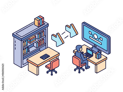 Isometric illustration of remote work setup with data transfer digital office concept.