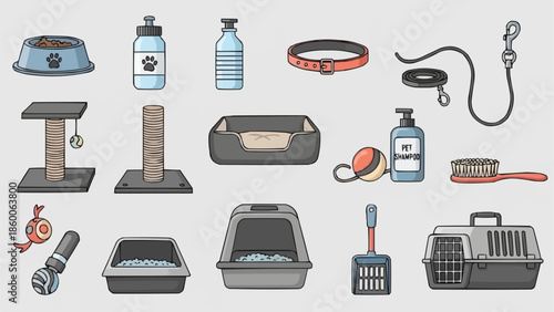 Collection of pet care items and accessories for cats and dogs.