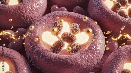 As abnormal cells are controlled, nutrient flow redistributes evenly. Mitochondria in healthy cells pulse steadily, showing improved energy availability and recovery conditions