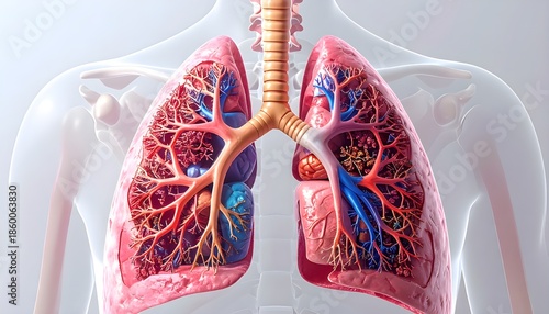Anatomical Illustration of Human Lungs with Bronchi and Blood Vessels