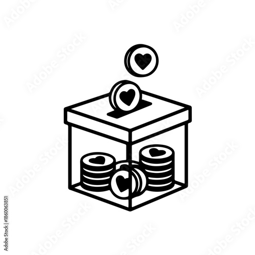 donation box icon with coin and heart symbol, representing economic aid, fundraising, and social development. High-quality vector for International Volunteer Day campaigns