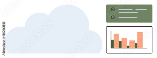 Large cloud graphic with a data visualization bar chart and a task management interface. Ideal for technology, analytics, project management, cloud services, data storage, communication, simple flat