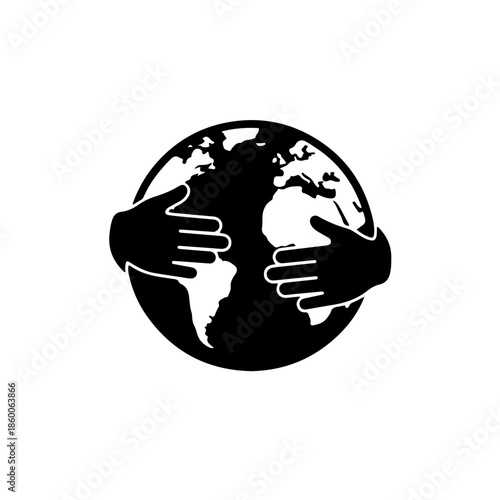 icon of hands hugging the globe, representing global volunteerism, world peace, and international unity. Perfect vector for International Volunteer Day to celebrate worldwide humanitarian efforts