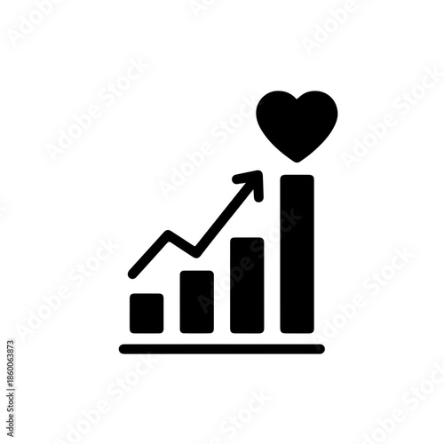 bar chart icon with a heart symbol, representing social economy, ethical growth, and impact investing. Black and white illustration for International Volunteer Day and sustainable business development