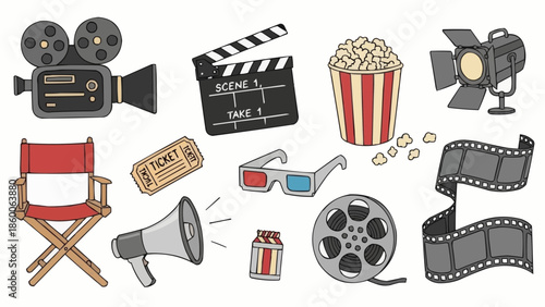 Collection of movie production and cinema icons and symbols.