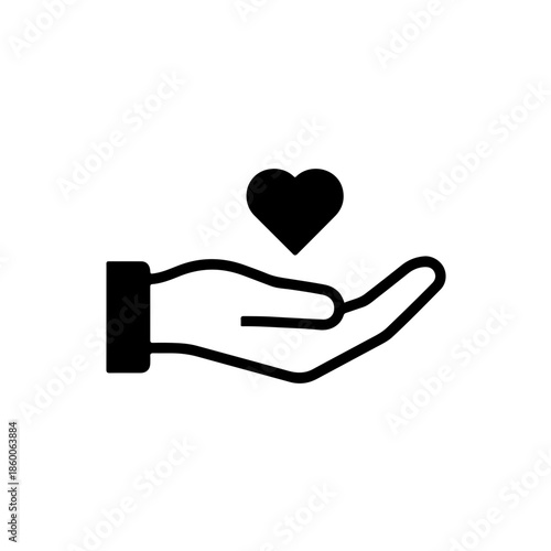 black and white hand holding heart icon, representing selfless service, volunteerism, and kindness. Linear vector illustration perfect for International Volunteer Day, charity projects, and community 