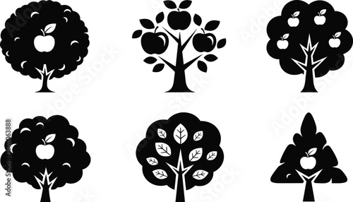 Apple tree silhouettes collection featuring fruit bearing trees with leaves and apples, simple decorative icons isolated on white background illustration