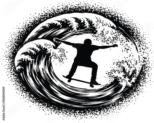 Skateboarder silhouette riding inside powerful ocean wave illustration symbolizing extreme sport energy, balance, freedom, and dynamic surf inspired action