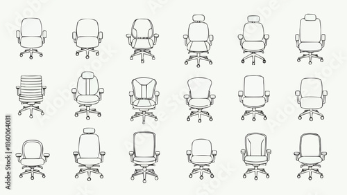 Collection of Office Chairs in Line Art Style.