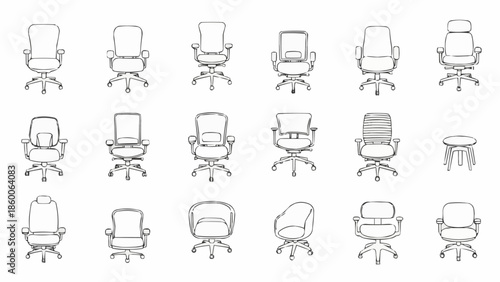 Collection of Office Chairs and Stool Hand Drawn Sketch.