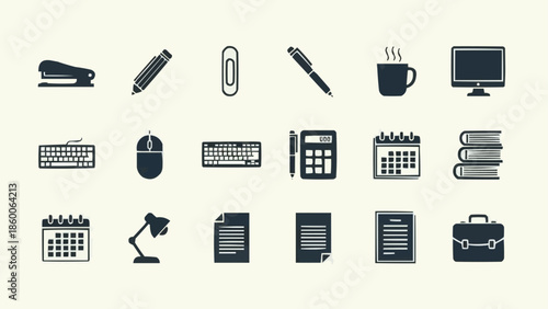 Collection of office supplies and stationery icons on a light background.