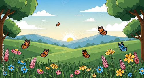 meadow with flowers and butterflies
