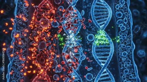 DNA repair contrast. Cancer cells show fragmented, overwhelmed repair signals after radiation exposure, while healthy cells activate efficient repair pathways that stabilize quickly