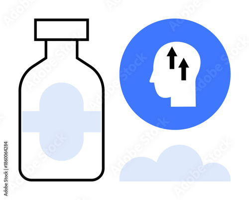 Mental health concept. Mental health through medicine bottle, human profile arrow growth, and abstract symbols. Mental well-being progress and self-care focus. For therapy, self-improvement