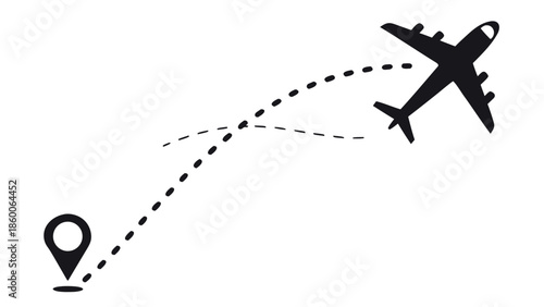 Airplane Flight Path Icon with Destination Pin