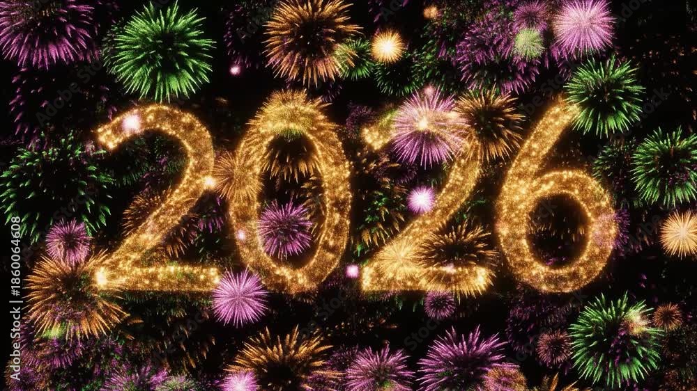 Happy New Year 2026 Gold Glitter Text with Vibrant Fireworks ...