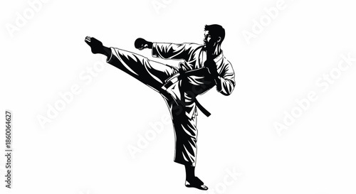Black and white illustration of a martial artist wearing a gi performing a high kick technique