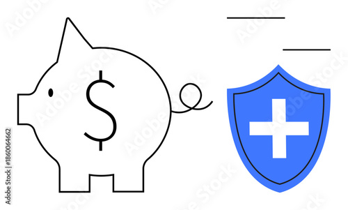 Financial planning, savings protection, insurance security, wealth management, health coverage, and economic stability. Piggy bank with dollar sign next to a blue shield with a cross. Financial