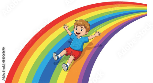Cute cartoon illustration of a happy little boy sliding down a colorful bright rainbow in the sky