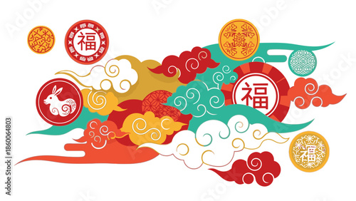 Vibrant digital illustration of Ornament for Chinese New Year 2026 featuring lampoin and 'Fu' symbol in red, gold, and green hues on a white background with swirling patterns.