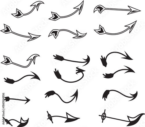 Collection of diverse hand-drawn black and white arrow vector designs for navigation and illustration