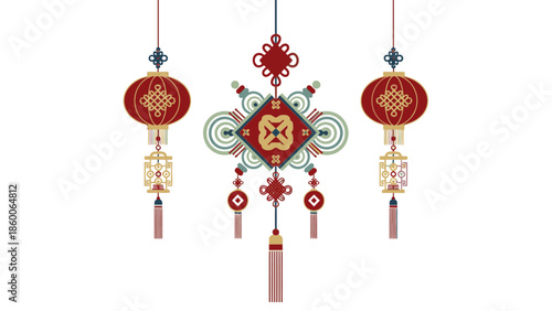 Ornate Chinese New Year 2026 ornament with red lanterns, lampoin and decorative tassels on a white background with a festive mood.