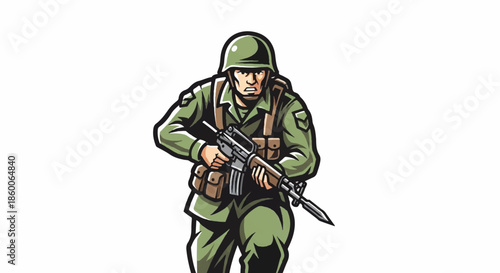 Professional Illustration of a Modern Soldier in Full Military Gear Holding an Assault Rifle Ready for Action
