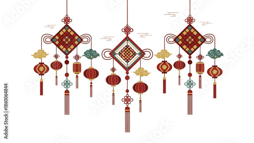 Colorful Chinese New Year 2026 ornament decorations with lampoin and red tassels hang against a white background with a festive mood.