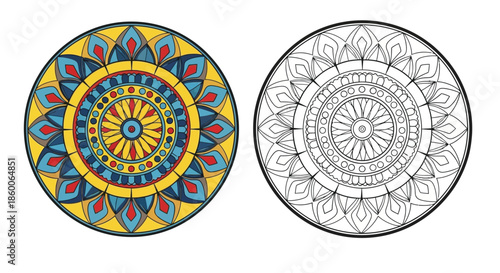 Abstract Colorful Mandala Pattern With Black and White Outline Dual Illustration