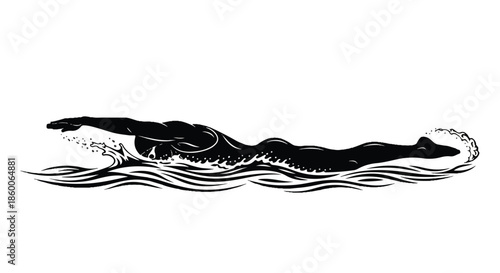 Dynamic Silhouette of a Professional Swimmer Performing a Stroke in Wavy Water Surface Isolated on White