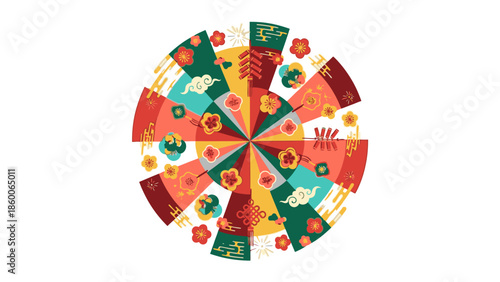 A colorful ornament featuring a circular design with various patterns and shapes for Chinese New Year 2026, showcasing a vibrant lampoin decoration.
