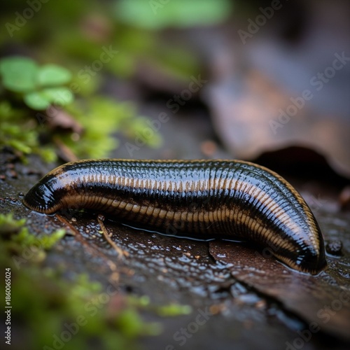 Ultra-detailed macro portrait of a leech on a wet forest surface, highlighting glossy texture, segmented form, and natural earthy tones.