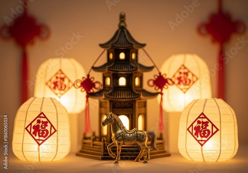 Serene golden horse figurine before a miniature pagoda with glowing lanterns and red decor, creating a warm festive scene with copyspace.
