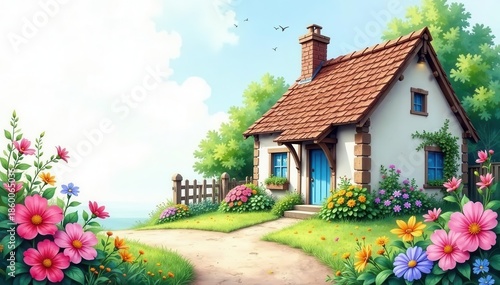Charming cottage, blooming flowers, watercolor style , bloom, landscape