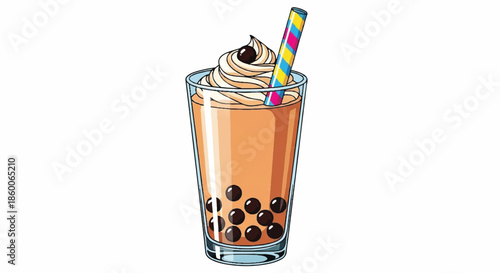 Sweet Boba Milk Tea with Tapioca Pearls Whipped Cream and Colorful Straw Illustration