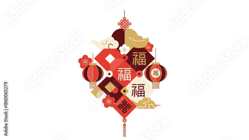 A vibrant ornament for Chinese New Year 2026 featuring a lampoin and various decorative elements in red, gold, and brown hues against a clean white background.
