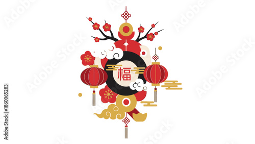 A vibrant digital illustration of a Chinese New Year 2026 ornament featuring red lanterns, golden coins, and lampoin decorations on a white background.