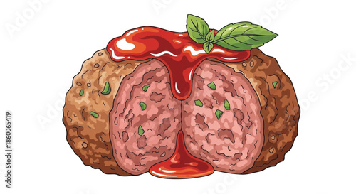 Close Up Illustration of Sliced Meatloaf with Red Tomato Sauce and Fresh Basil Leaf Topping